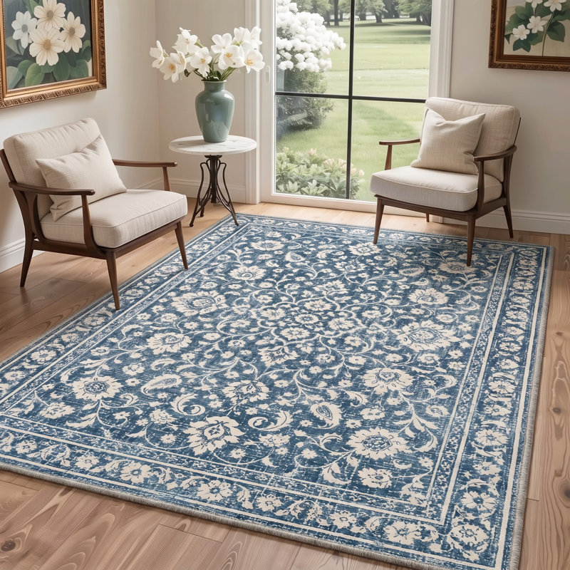 Tapis de couloir oriental bleu / ivoire lavable à la machine avec envers antidérapant, Tapis de couloir de 2 pi x 7 pi