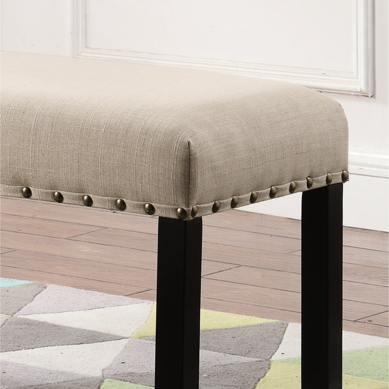 Tan Dining Bench With Nailhead Trim. Fabric Seat In Linen And Cotton. Solid Hardwood Construction For Durability. 44"W X 16.5"D 19"H. Part Assembly Needed Bench, Color. & Cotton Upholstered Seat.