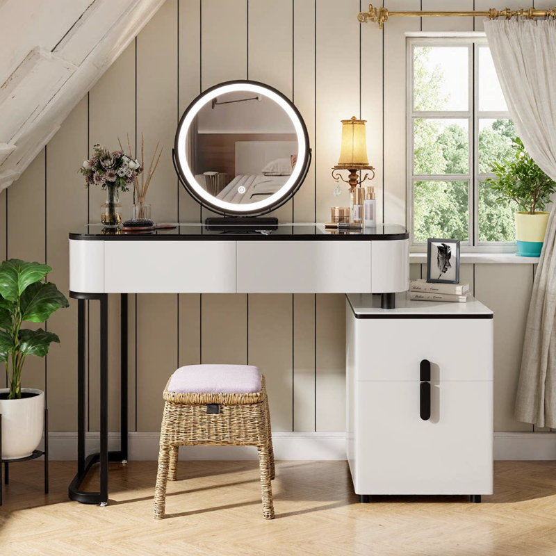 Coiffeuse Rosuna avec plateau en verre trempé, pieds réglables et armoire de rangement Rosuna