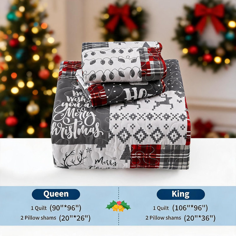 Ensemble de courtepointe de Noël King Size 3 pièces, couvre-lit en patchwork rouge et gris, 106 po x 96 po