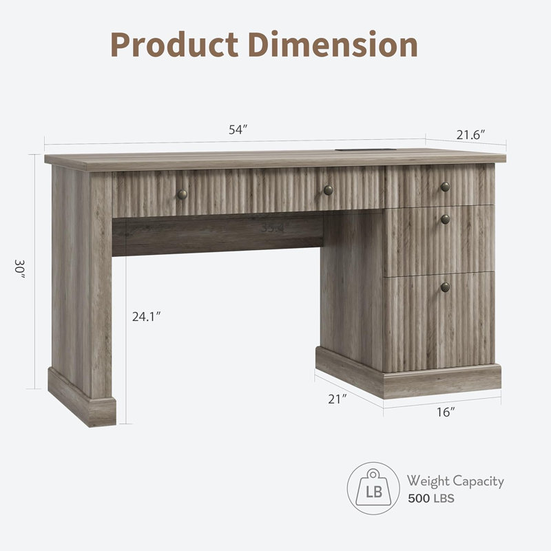 Bureau de direction 54 po cannelé avec rangement, bureau de direction moderne avec station de charge, Gris