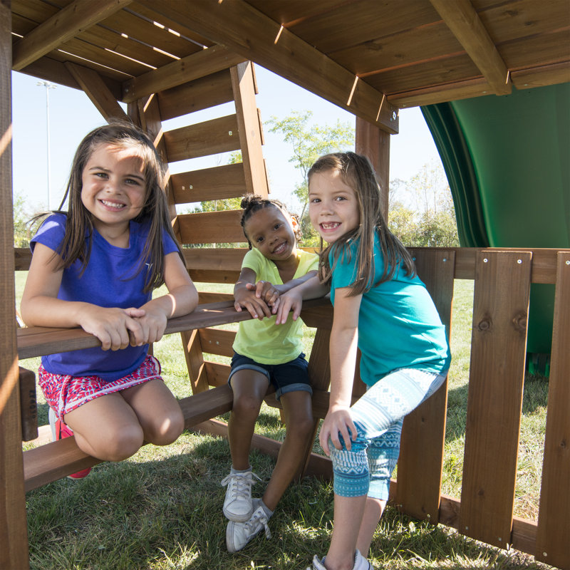 Elkhorn Wooden Backyard Swing Set with Slide and Climbing Wall