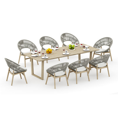 9 Pcs Grade-A Weathered Teak Wood Dining Set: 98" Sema Rectangle Table  And 8 Robas Arm Chairs #11Ro3308