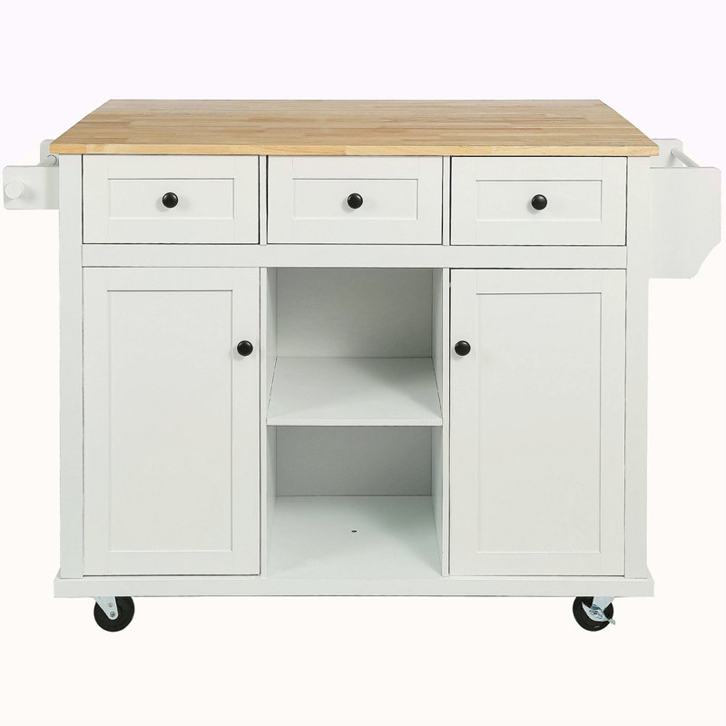 Kitchen Cart With Rubber Wood Drop-Leaf Countertop ,Cabinet Door Internal Storage Racks,Kitchen Island On 5 Wheels With Storage Cabinet And 3 Drawers For Dinning Room