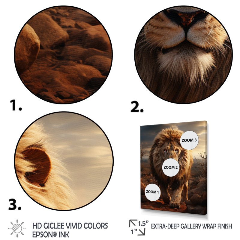 Moniet animal lion à Savan - impression, H 44 po x l 34 po x P 1,5 po, Toile à cadre flottant blanc