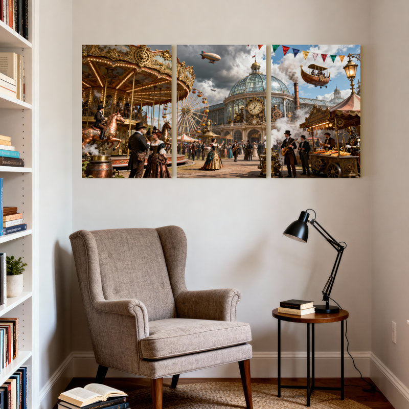 Fantasy & Sci-Fi Steampunk Carnival Fairground Scene With Airships Set of 3 Canvas Wall Art Prints, 18" H x 36" W
