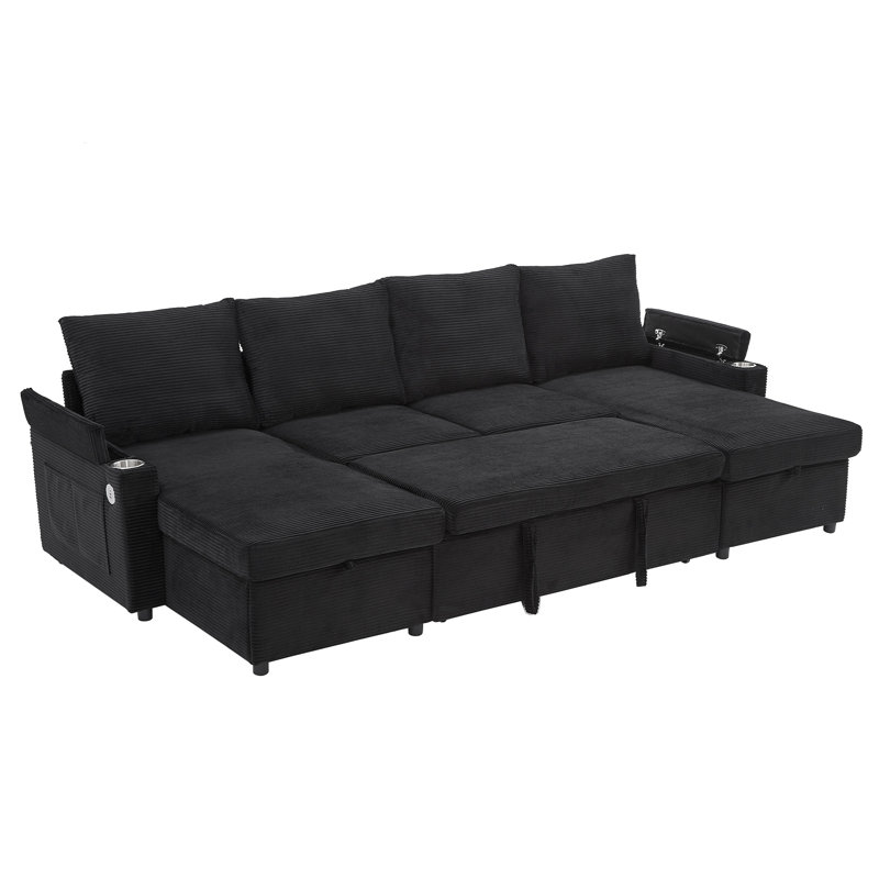 Patrick 109.5" Convertible Corduroy Sectional Sofa with Cup Holders & Storage, Black Corduroy