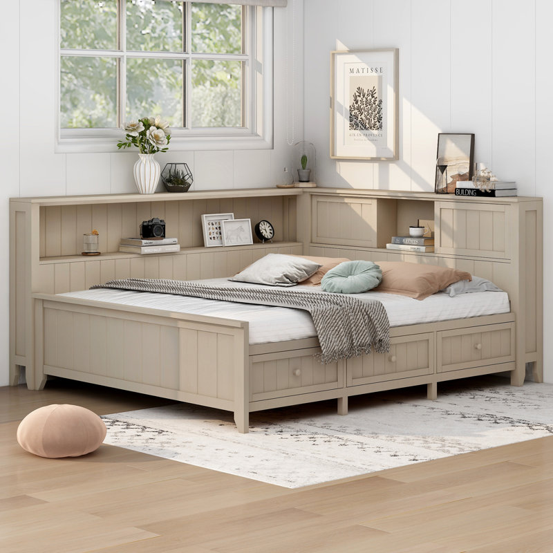  Lit de jour double en bois avec tablettes de rangement et compartiments sous le lit à usages multiples, crème