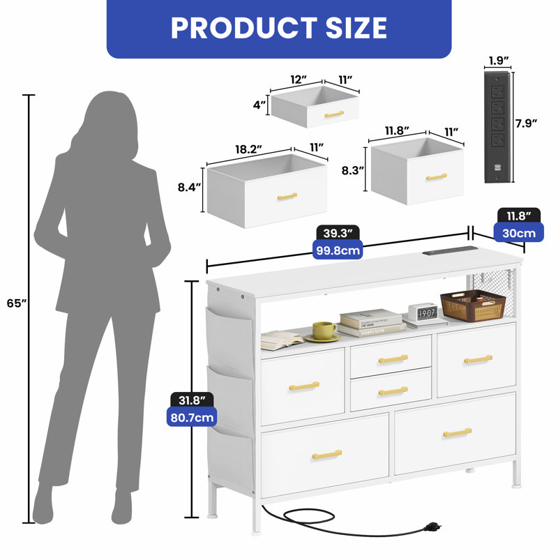 Commode 6 tiroirs 39,3 po avec lumières DEL 39 po 2 ports USB 4 prises CA