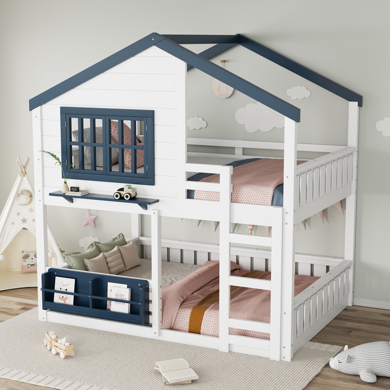 Lit mezzanine double avec structure de maison, bibliothèque et rails de sécurité, blanc et bleu, lit superposé pour enfants amusant et durable