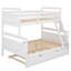 Lit simple superposé au dessus d'un lit double avec lit gigogne, échelle et barrière de sécurité, base de lit en bois peu encombrante, blanc