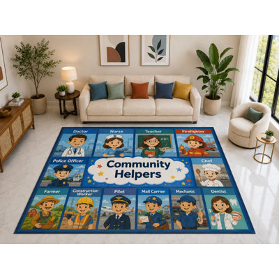 Tapis d'intérieur « Ultra fin » grand format (2 m x 3 m) « Les métiers de la communauté » pour enfants, à poils courts et doux, avec envers antidérapant en silicone