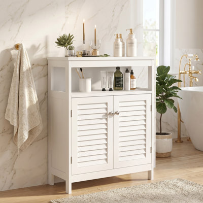White Bathroom Storage Cabinet with Louvered Doors, Anti-Slip Pads, Freestanding,