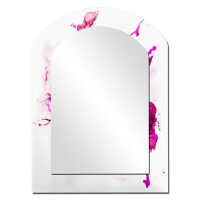 Viva Magenta Secret Wispers III - Liquid Ink Arch Wall Mirror, Pink Asymmetrical Decorative Mirror, Printed Metal Art