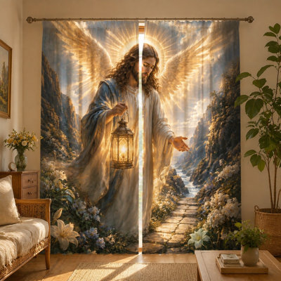 2Pcs Jesus holding lantern curtains, light filtering fabric, religious and serene scene print, sunshade privacy protection, rod-pocket design, suitable for living room, bedroom, balcony, kitchen home decoration