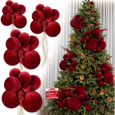 Large Burgundy Velvet Christmas Ball Ornaments, Elegant Flocked Holiday Tree Decorations