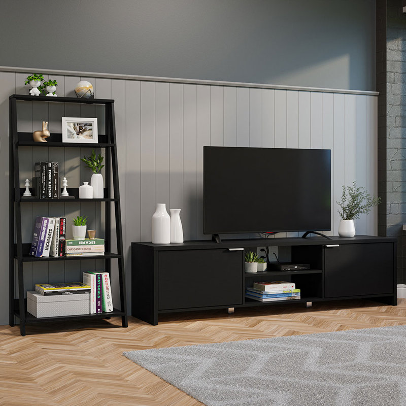 Yonina TV Stand with Storage 65" + Ladder Shelf Standing Bookcase, Black, 95"