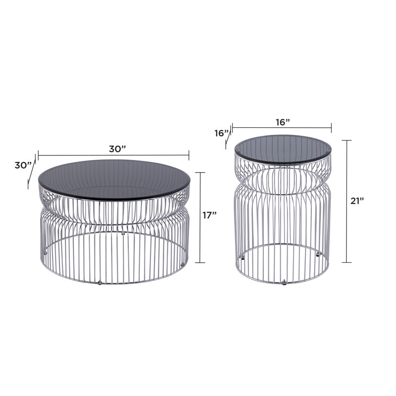 Ensemble de table (table basse et table de bout) - Plateau en verre avec base en métal, Argent argent