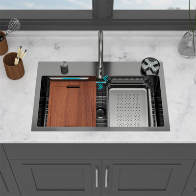 Évier de cuisine à cascade encastré noir Gunmetal - éviers de cuisine 31,5 x 21 po à simple cuve en acier inoxydable de calibre 16 avec robinet rétractable et laveuse à tasses