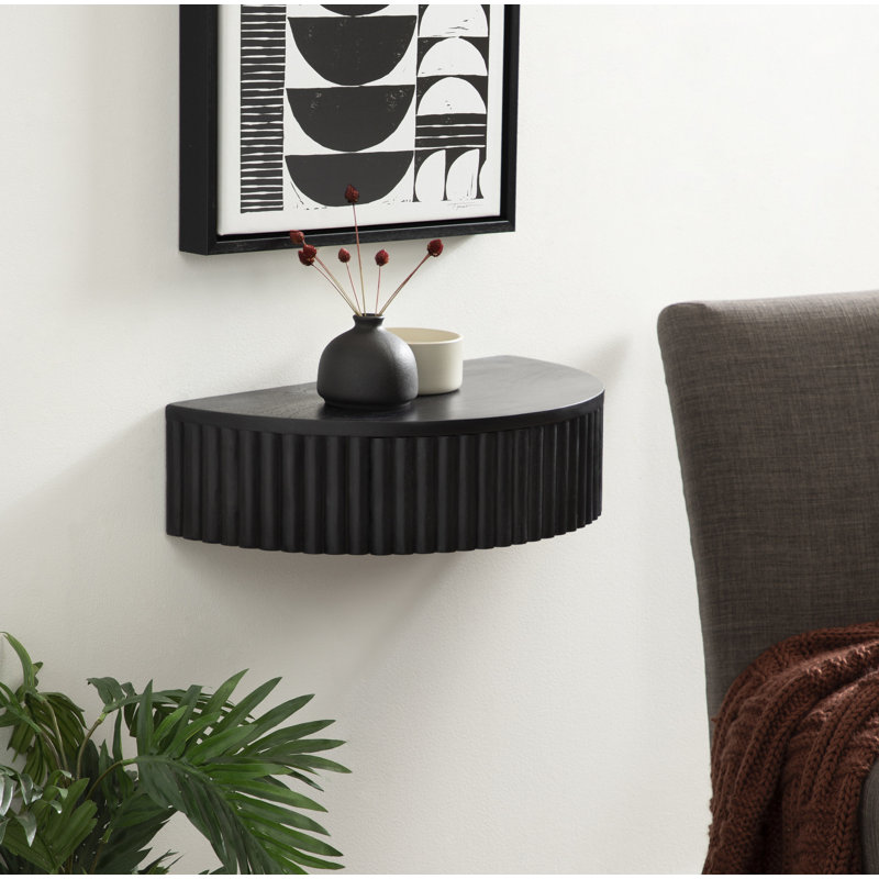 Kristie 20" W Solid Wood Floating Shelf with Drawer, Black