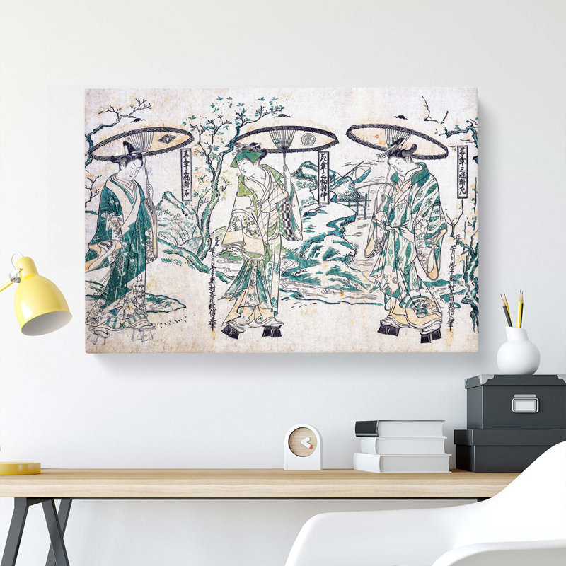 Three Umbrellas by Okumura Masanobu - Wrapped Canvas Painting, 35cm H x 50cm W x 3cm D