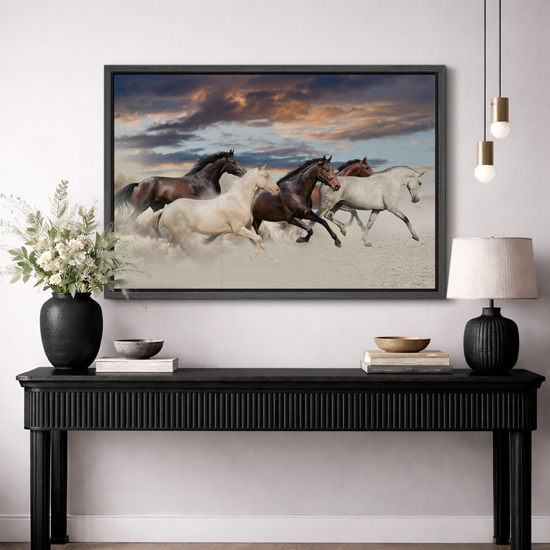 Running Horses Landscape Artwork, Dynamic Nature Animal Scene Pictures, Framed Canvas Giclee Print Wall Art, Black Frame