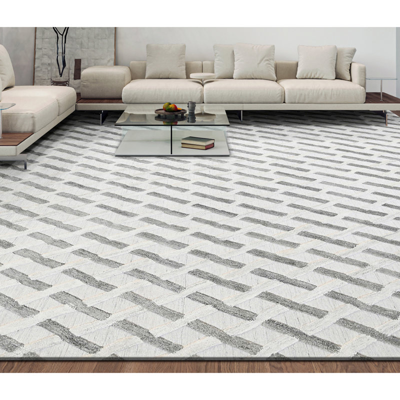 Tapis gris / beige noué à la main de haute qualité, Rectangle 6 pi x 9 pi