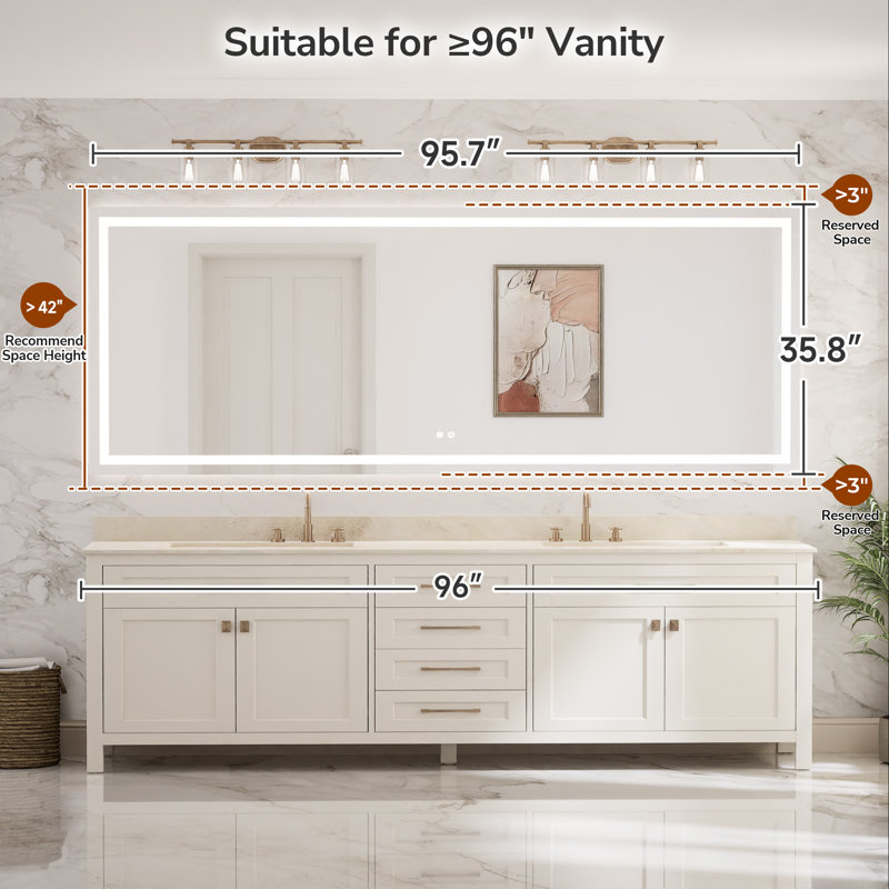 Cardier Front and Backlit Wall Mount Bathroom LED Vanity Mirror with 3-Color Adjustment, Shatterproof, Tempered Glass