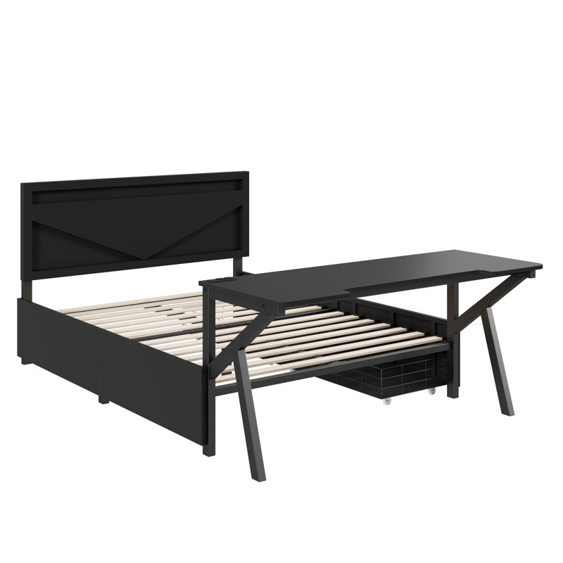 Lit plateforme en métal avec tête de lit à DEL, bureau à DEL, USB et deux tiroirs de rangement, Lit double