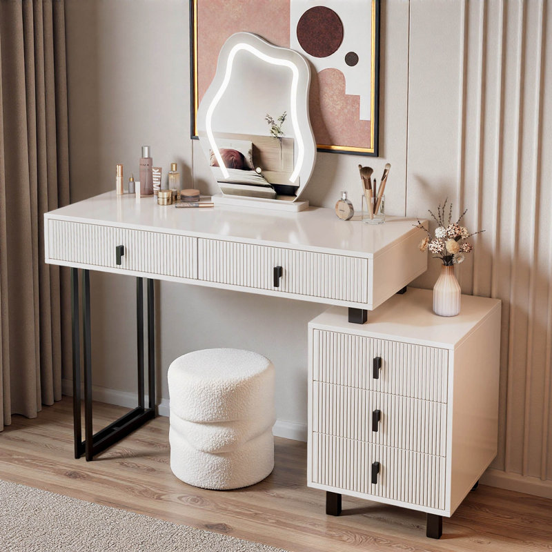 Fluted Makeup Vanity With Cloud Led Mirror, Adjustable Length, Vanity Desk With Reversible Side Cabinet