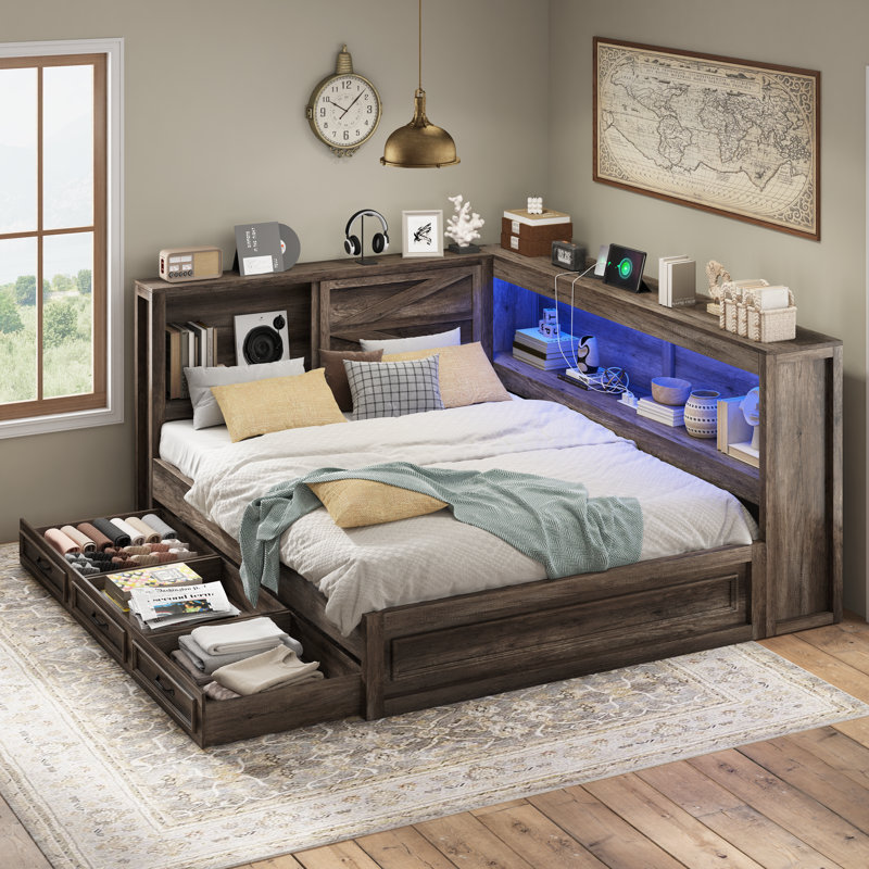 Daybed With Bookcase Headboard, Rgb Led Lights And Drawers Storage,f G, Full/Double, Gray