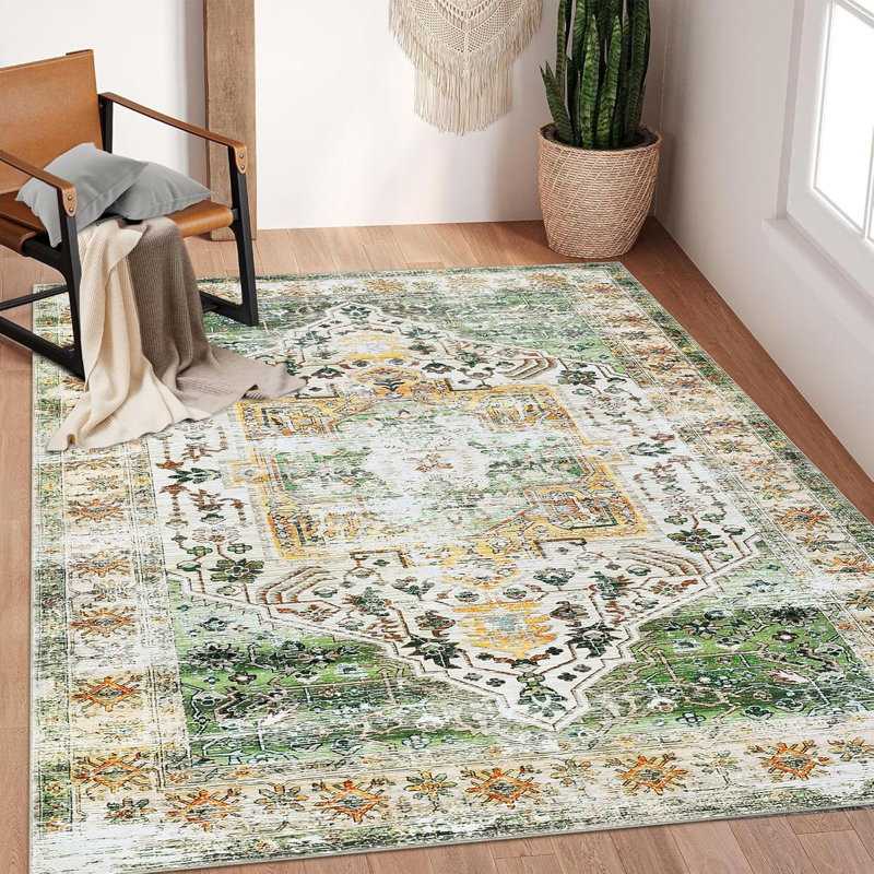 Runner Rug Kitchen Hallway Entryway – Vintage Floral Oriental Design Non-Slip Stain Resistant Low Pile Floor Covering (Blue)
