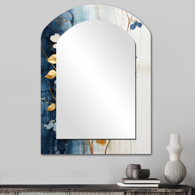 Beige et or minimaliste botanique sérénité - miroir asymétrique de plantes, miroir mural décoratif arche beige, impression d'art en métal