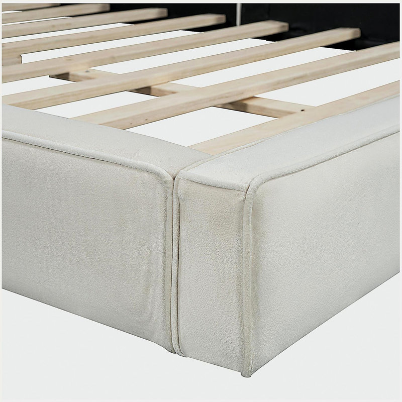 Grand lit plateforme en velours, lit de sol en velours, structure solide, Beige