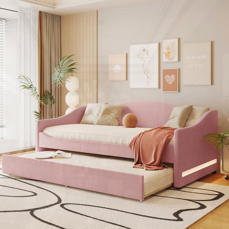 Teddy Fleece Upholstered Daybed With Light And Trundle, Pink