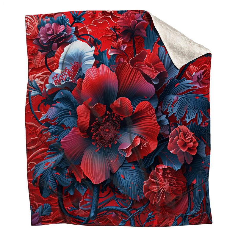 Red Blue Floral Composition Blankets, 60in W x 80in H