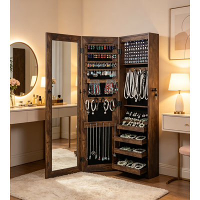 Full Length Mirror Jewelry Cabinet with LED Lights, Wall Mounted or Over the Door Hanging Jewelry Armoire, Lockable Jewelry Organizer Storage with Glass Mirror, Vintage Brown