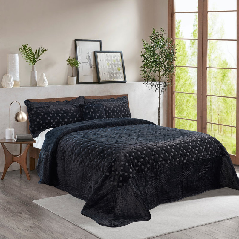 Ensemble de courtepointe en similifourrure de 4 pièces Tatami, Couvre-lit très grand + 3 pièces supplémentaire, Noir
