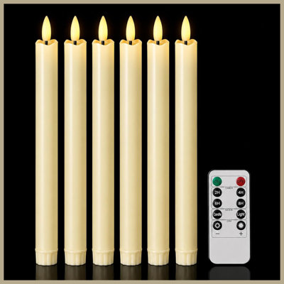 6‑Pack Ivory Flameless LED Taper Candles, 10" with 3D Flicker Remote Timer Dimmer for Holiday Indoor Decor