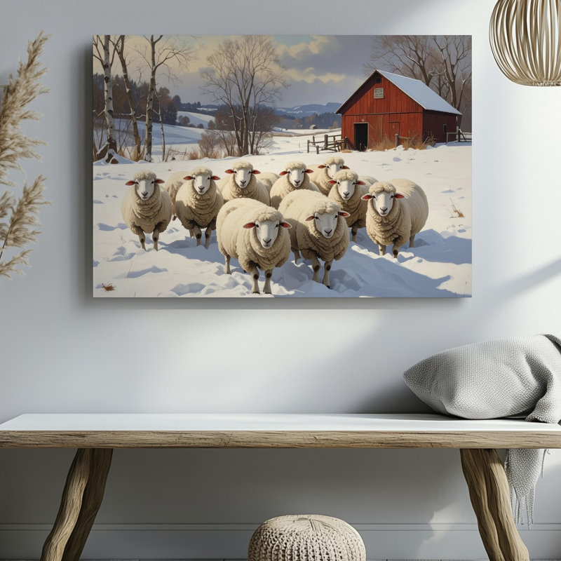 Art mural sur toile, mouton d'hiver et grange rouge, scène de ferme enneigée rustique, H 30 po x l 40 po