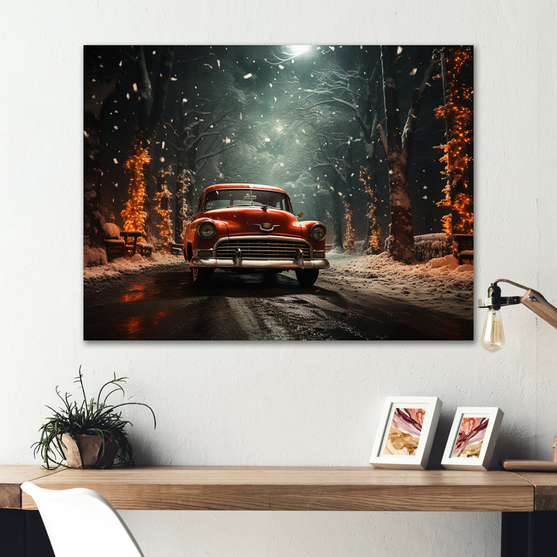 «Red Classic American Car Winter Snow - Car Old American», art mural en métal, H 12 po x l 20 po x P 1 po