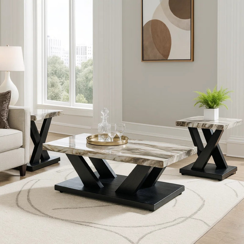 Ensemble de table basse et de table de bout 3 pièces Usim, plateau en faux marbre blanc, base en X noir