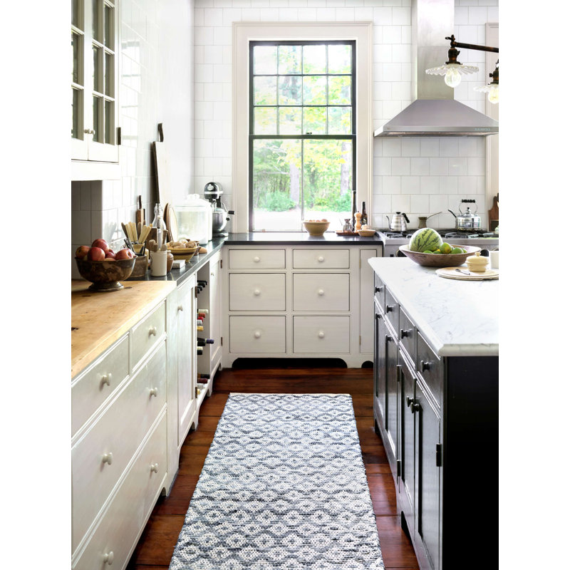 Denim Rag Diamond Ivory Handwoven Cotton Rug, Rectangle 5' x 8'