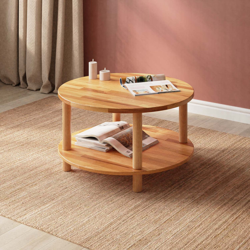 Lynn Solid Wood Small Round Coffee Table with Shelf – Compact & Stylish Storage Solution, 17.4”H x 30.7”L x 30.7”W