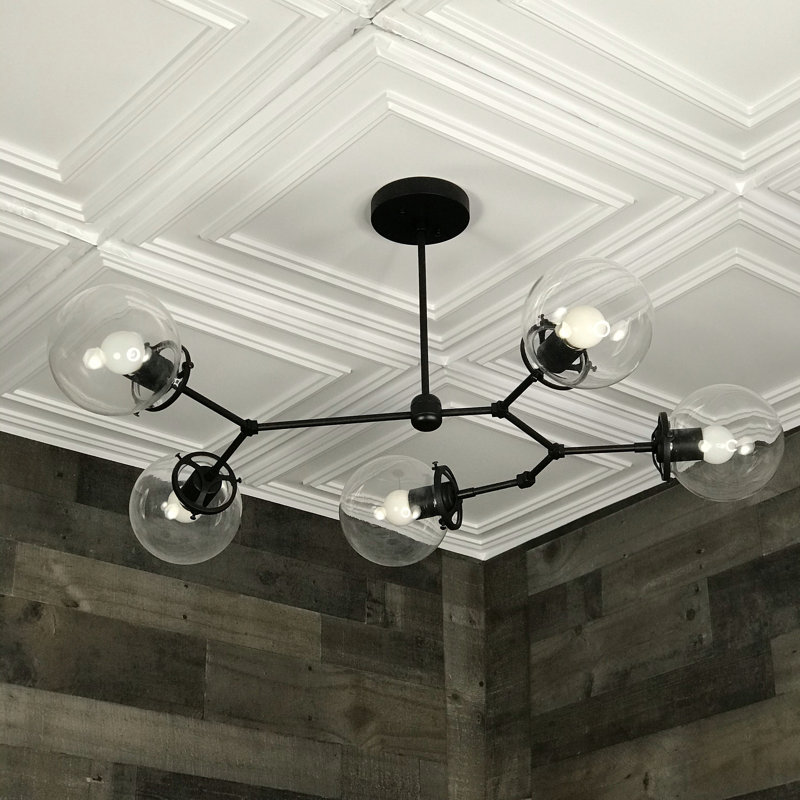 Luminaire suspendu industriel Spoutnik Mid-Century à 5 ampoules Pearsons, Transparent, Noir mat