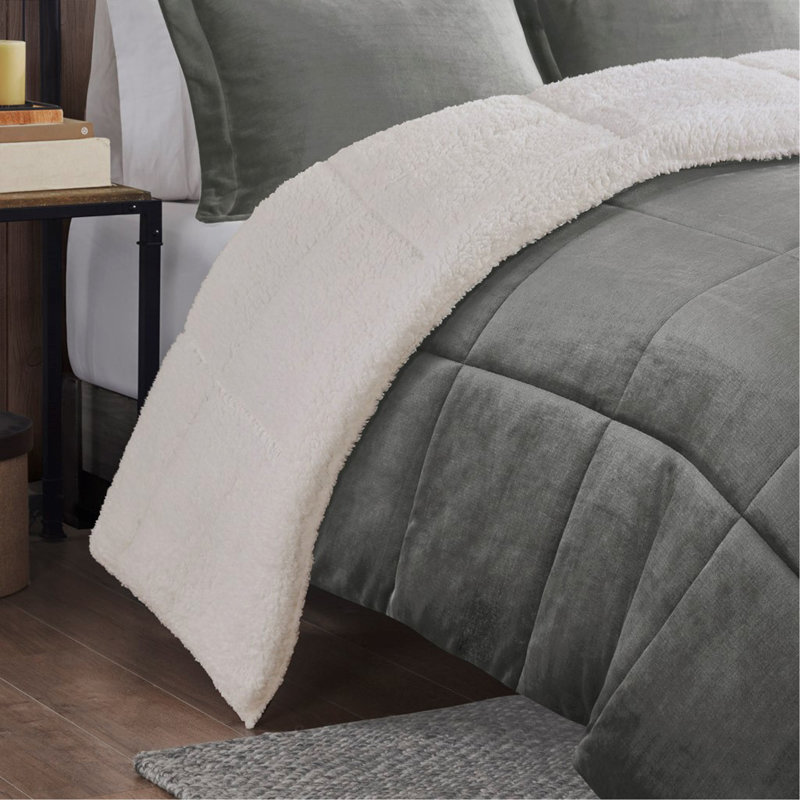 King Plush To Sherpa Down Alternative Comforter Set, King Comforter + 3 Additional Pieces, Ivory/Charcoal
