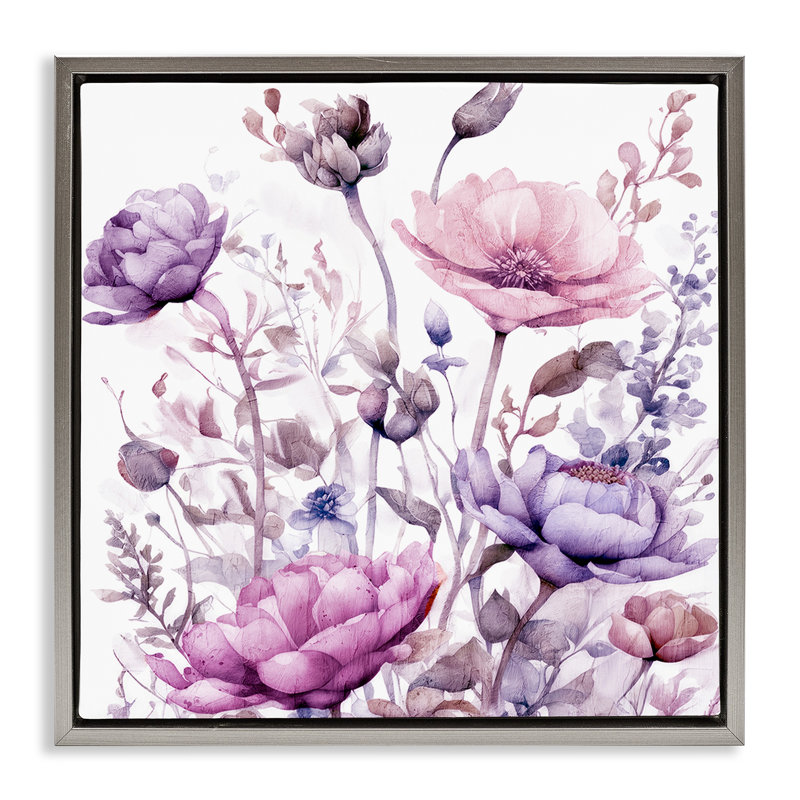 Cadre flottant fleurs mauves et roses, design par Kim Lewis, H 25 po x l 25 po, Cadre flottant gris lustré