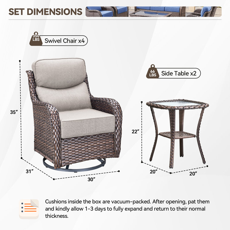 Meriline 4 - Person Outdoor Wicker Conversation Set With Swivel & Glider Chairs And Tempered Glass Side Table, Beige, Brown