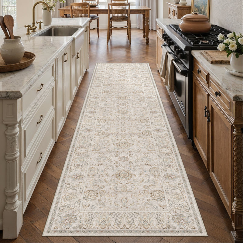 Elara Vintage Floral Machine Washable Area Rug With Non-Slip Backing, Runner 2' x 8', Gray