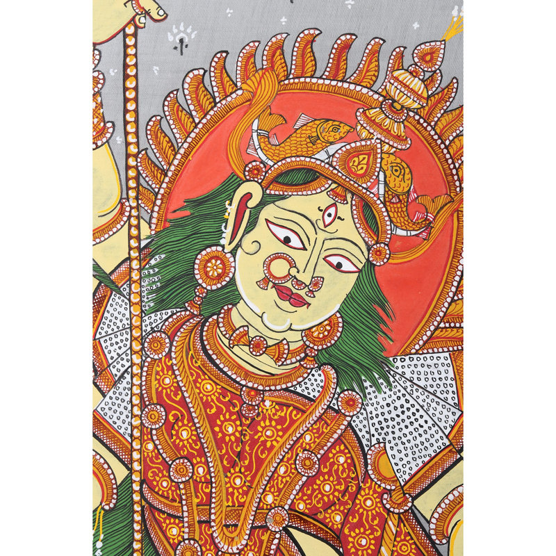 Mahishasur Mardini Durga Pattachitra Painting on Cloth by Purna Chandra, 40" H x 22" W Odisha Folk Art Wall Decor
